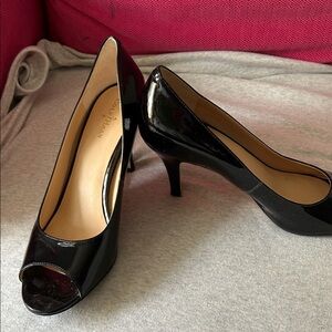 Cole Haan Black Patent Peep-Toe Heels